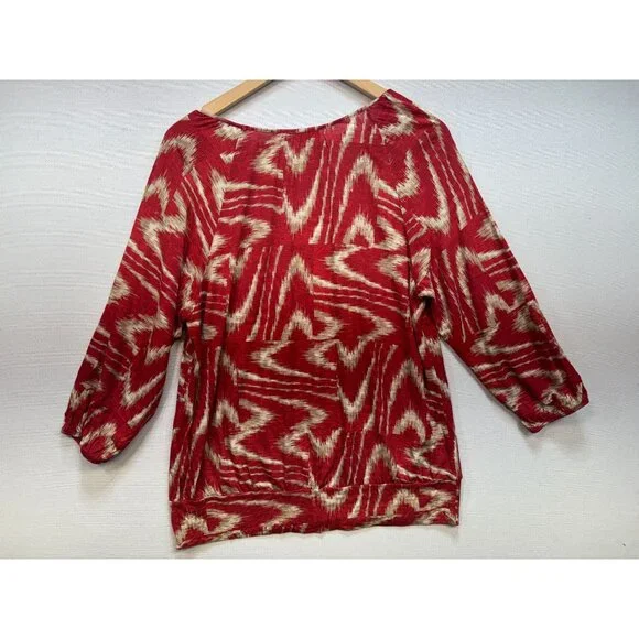 Chicos Womens Knitted Blouse Size 3 Red Abstract 3/4 Sleeve Retro Pullover Y2K - Picture 10 of 12
